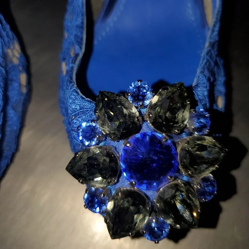 DOLCE & GABBANA Taormina Lace Crystals Blue Peep Toe Pump Heel Twee 39.5 - Picture 10 of 15